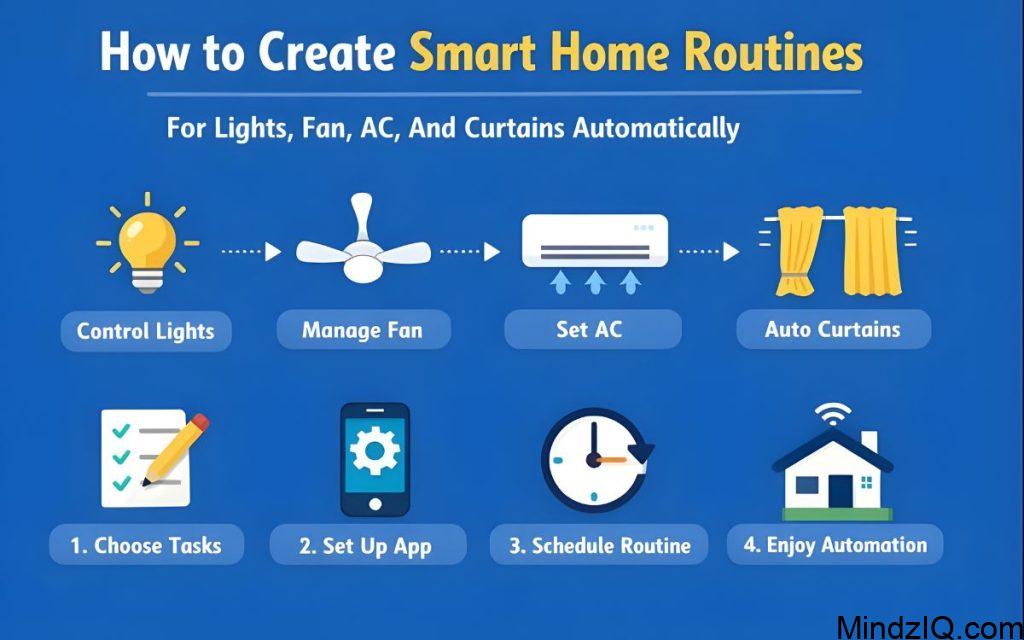 How To Create Smart Home Routines For Lights Fan AC And Curtains Automatically.